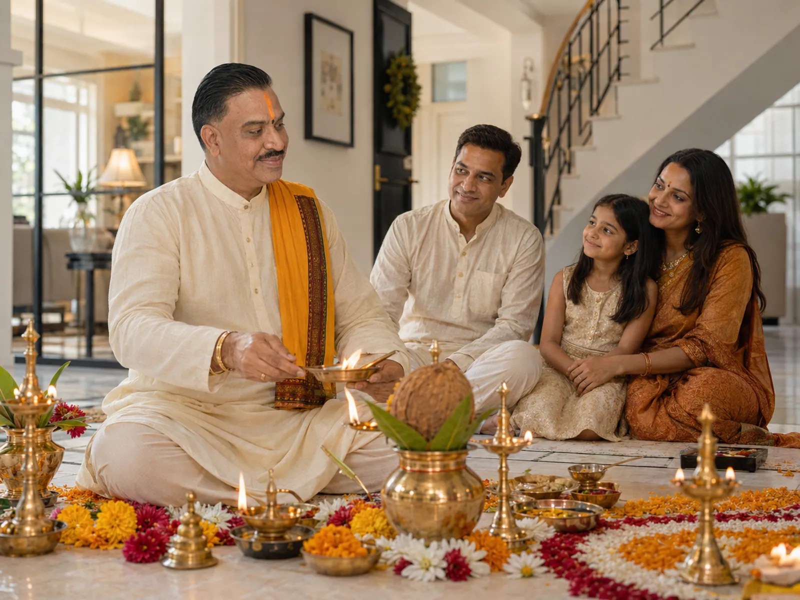 Shastri Ji Manishbhai Pandya speaking with a family during a home ceremony