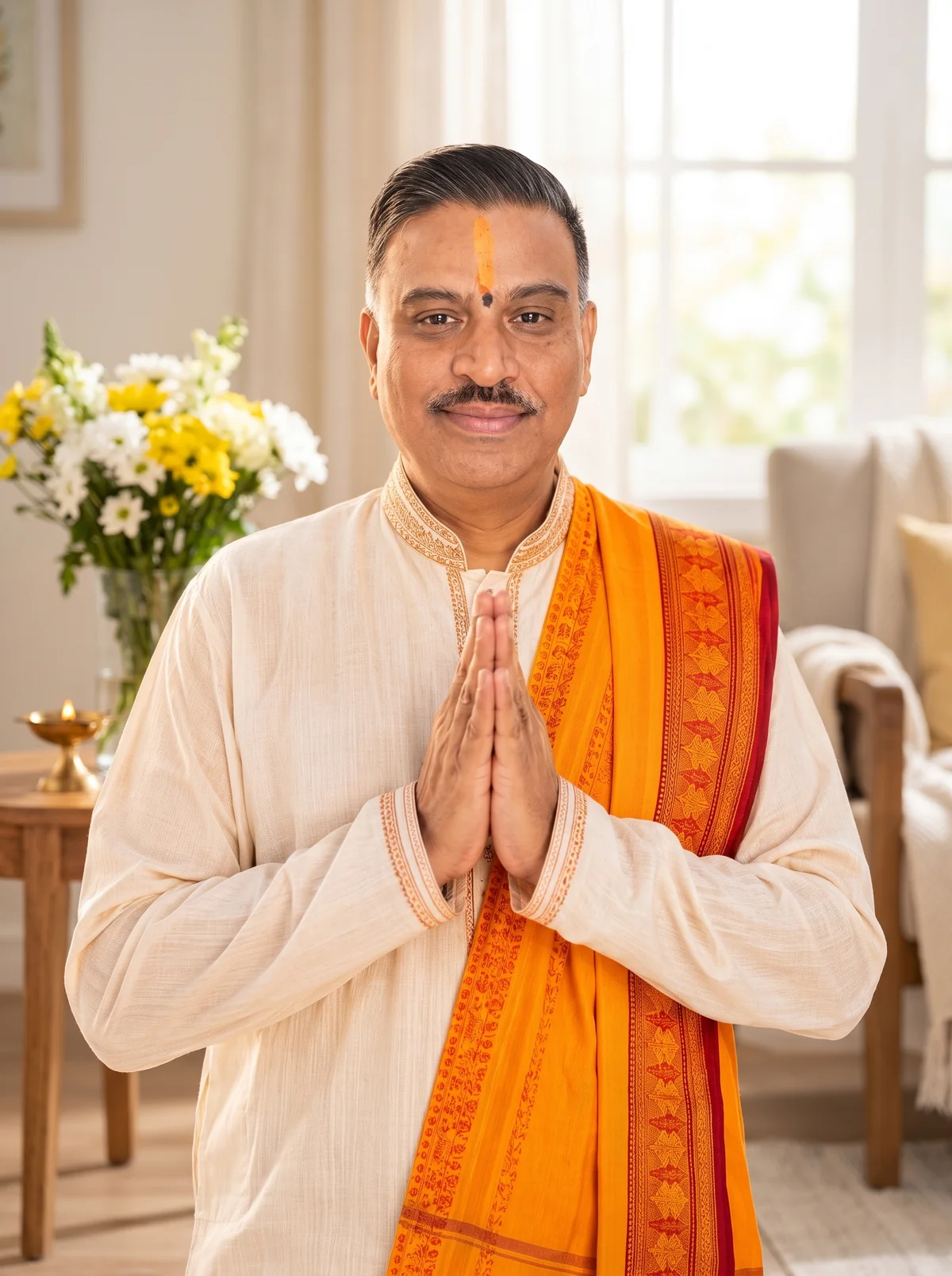 Shastri Ji Manishbhai Pandya greeting with joined hands in namaste