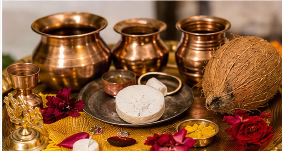 Copper kalash vessels arranged beside a coconut, rose petals and a small brass lamp