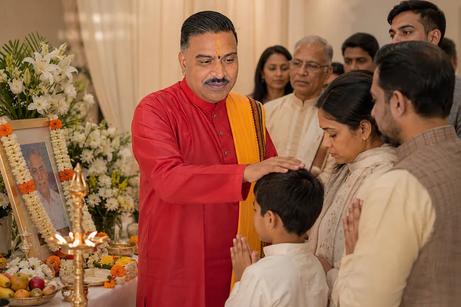 A Hindu priest offering a blessing to a family member during a remembrance prayer, with lamps, flowers and a framed photograph in front