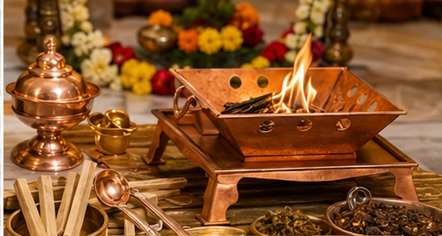A copper havan kund with a small fire lit, with samidha wood, offering spoons and dry havan materials placed beside it