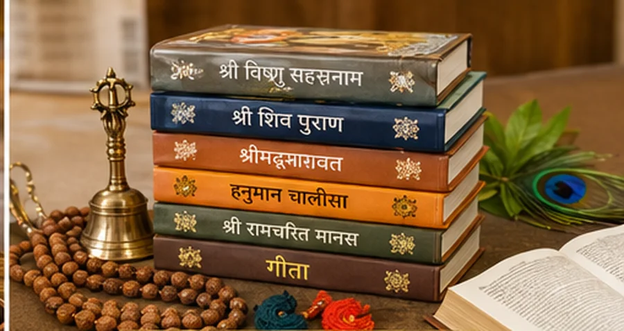 A stack of Hindu scripture and prayer books beside a brass bell, a rudraksha mala and an open text