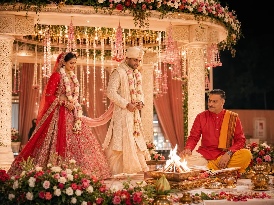 A priest, bride and groom seated together at the sacred fire under a floral mandap as guests look on