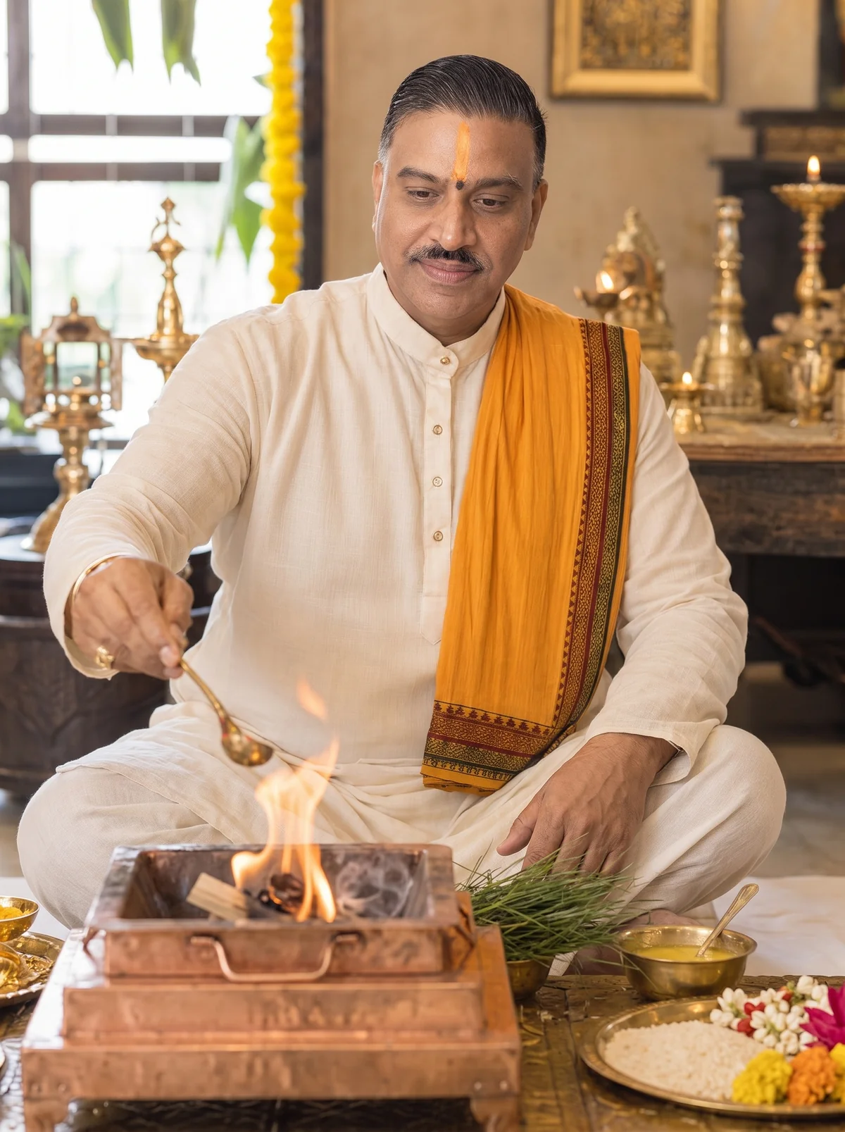 Shastri Ji Manishbhai Pandya seated beside a havan fire with ritual vessels