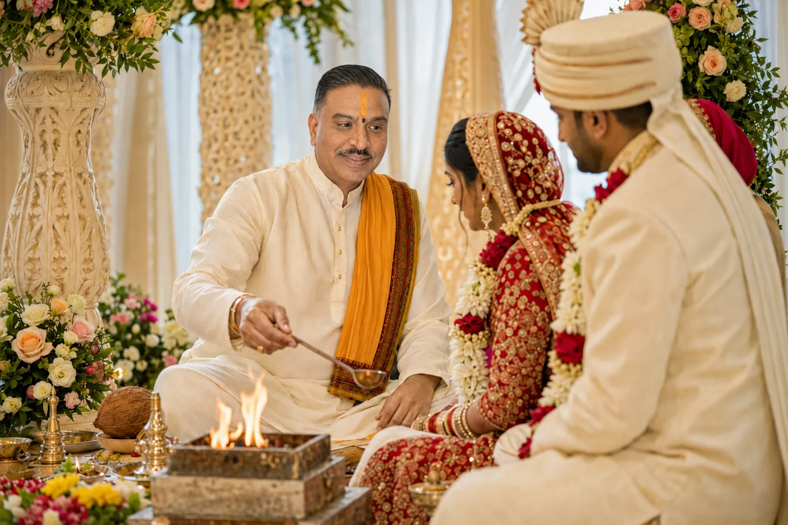 Shastri Ji Manishbhai Pandya conducting a Hindu wedding ceremony beside the sacred fire with a couple
