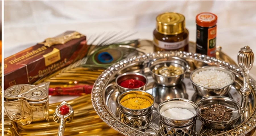 A steel puja thali set with compartments of coloured powders, rice and dry offerings, with incense sticks alongside