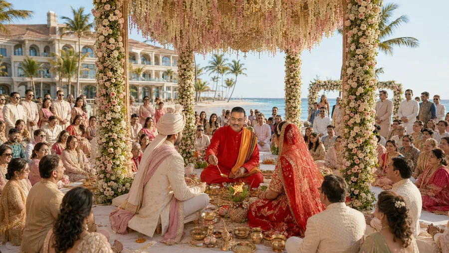 A Hindu wedding ceremony under a decorated mandap outdoors, with guests seated in rows and the sea beyond