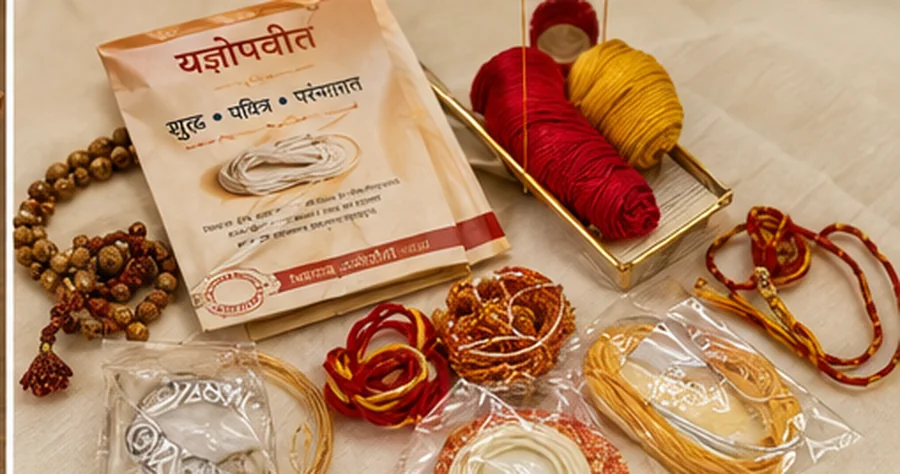 Sacred thread, rudraksha mala, coloured cotton thread spools and small packets laid out on a plain cloth