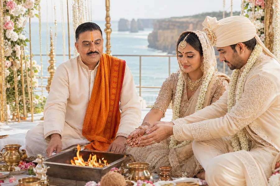 A couple joining hands over the sacred fire during a Hindu wedding rite beside a coastline