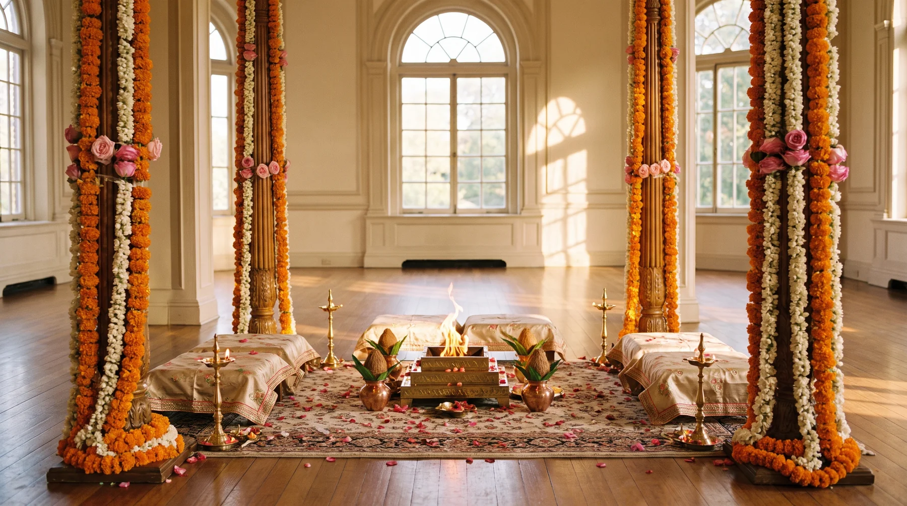 A flower-decorated wedding mandap with brass vessels and a sacred-fire hearth, with no people present