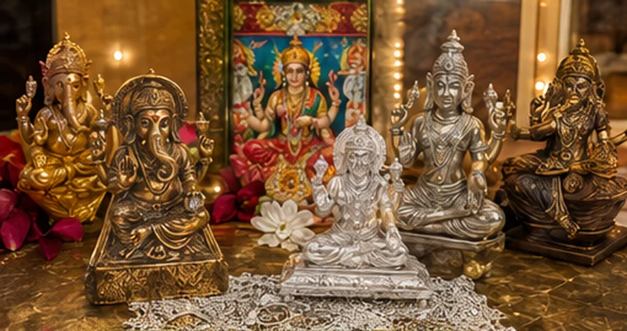 Brass and metal murtis of Hindu deities arranged on a decorated altar cloth with rose petals and lamps