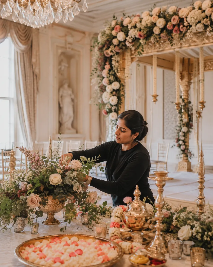 A florist arranging flowers around a decorated archway in a pale ceremony hall