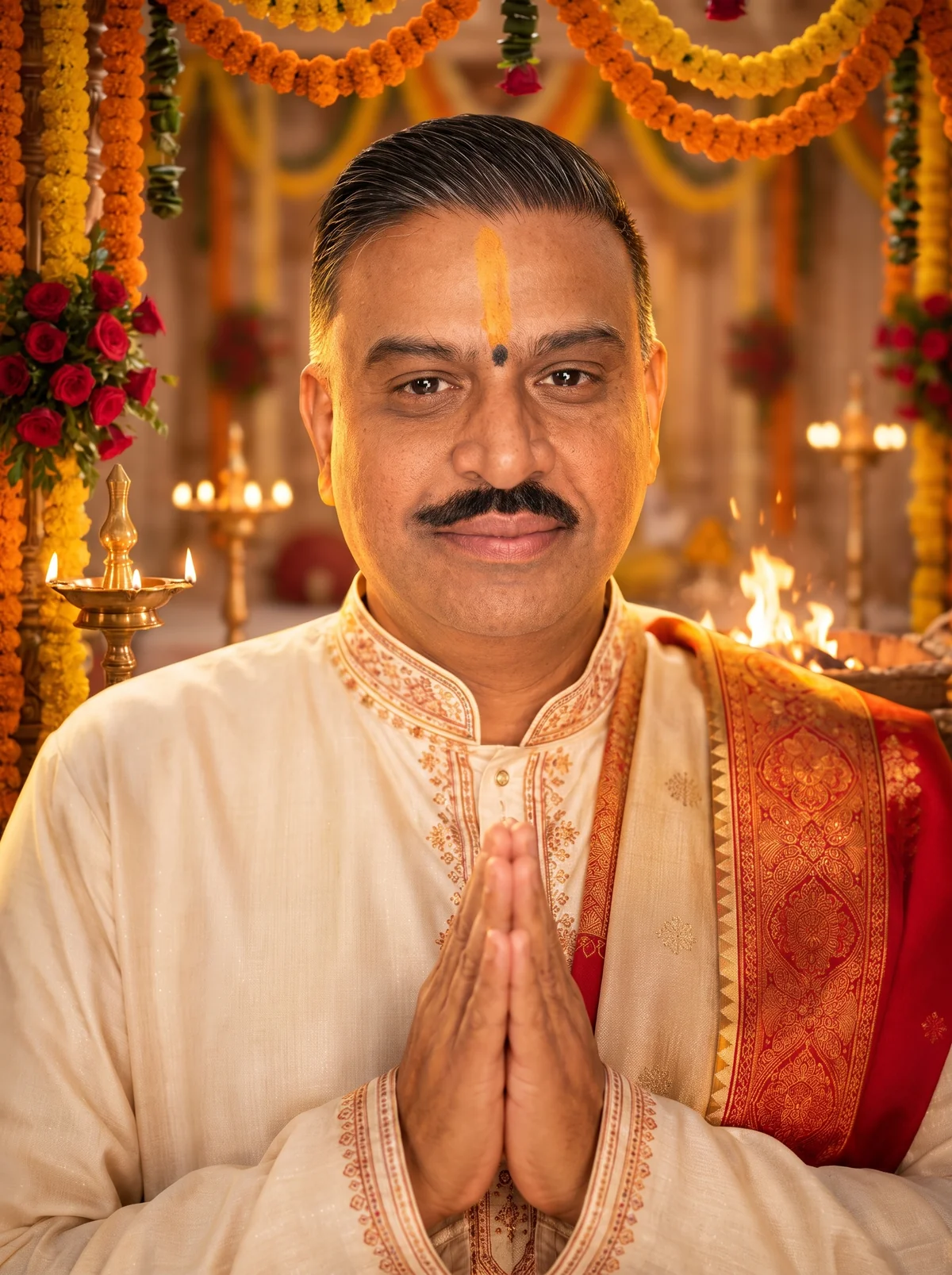 Shastri Ji Manishbhai Pandya greeting with namaste beneath flower garlands